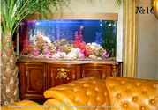Цвет отделки декоративного аквариума подобран к золотистым тонам интерьера.