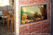 Декоративный аквариум, встроенный в перегородку, отделяет обеденную зону.